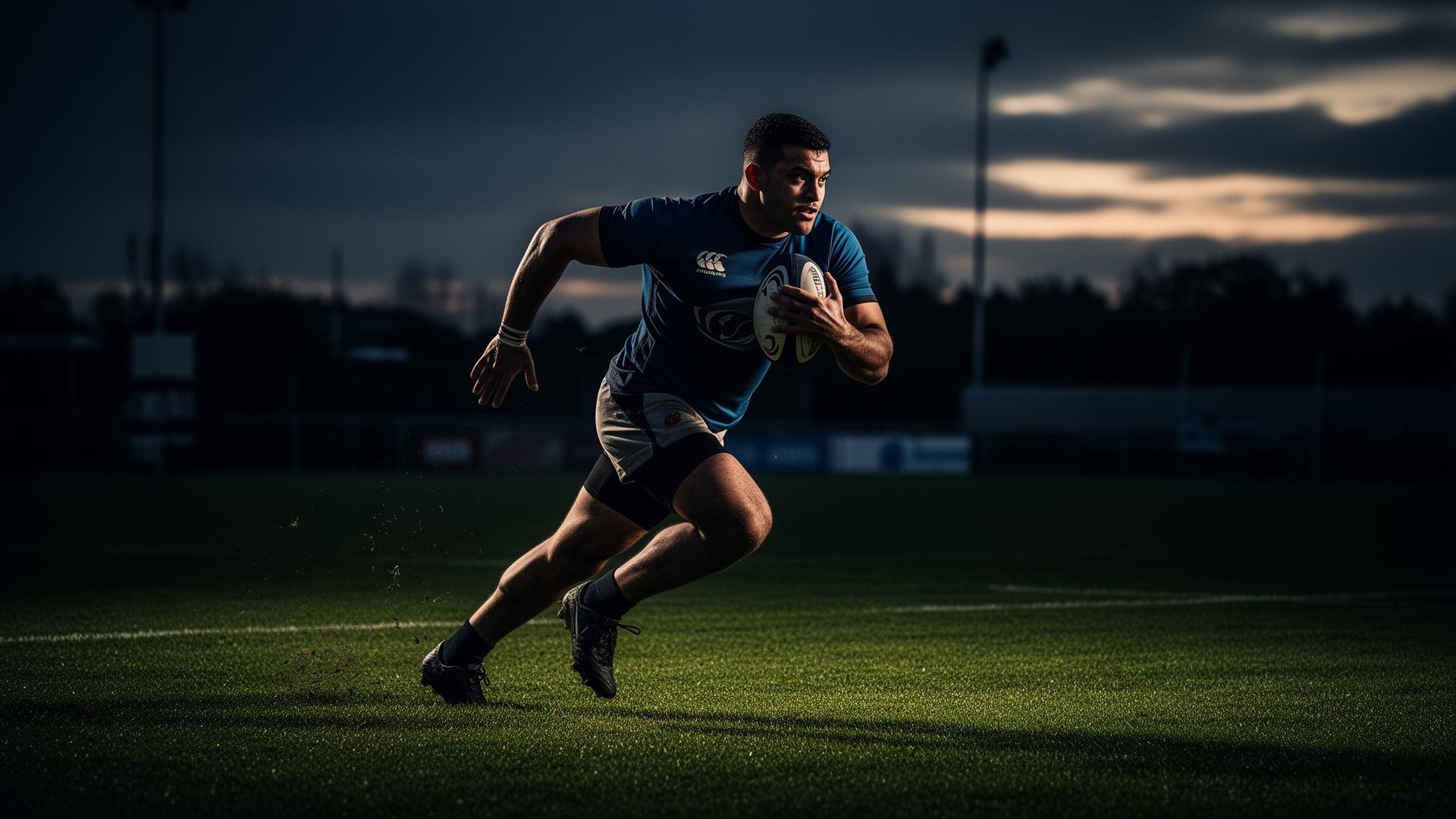 Rugby player sprinting with ball during training at dusk